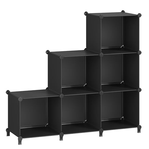 SONGMICS 6 Cube Storage Organizer, Modular Bookshelf, DIY Closet Organizers and Storage, Plastic Stackable Shelves, 14.6 x 13 x 13 Inch Cubes, with Feet and Rubber Mallet, Black ULPC206B01 - color: Black, size: 14.6”L x 13”W x 13”H