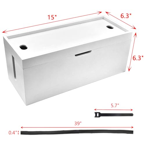 15 inch Bamboo Large Cable Management Box, Organizer Cord Box Hider - Power Strip Hider Cable Storage for Office, TV Wires, Desk Cord Organizer, No Assembley Required, Bamboo (White) - color: White