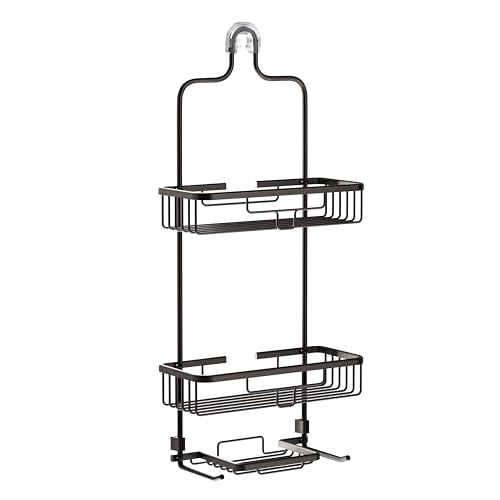 Zenna Home Rustproof Hanging Shower Caddy, Over the Shower Head Caddy with 2 Shelves and Built In Hooks, Aluminum Bathroom Hanging Organizer, Bronze - color: Bronze
