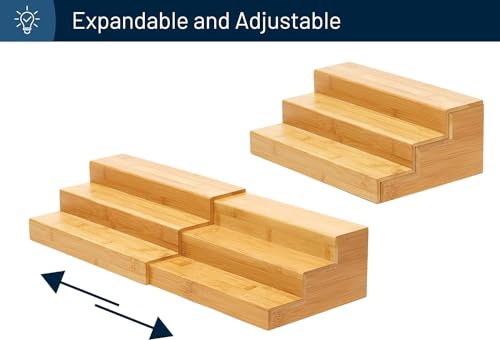 RoyalHouse Bamboo Expandable Spice Rack Organizer, 3-Tier Adjustable Kitchen Cabinet, Countertop Display Shelf, Space Organizer for Kitchen and Bathroom (Pack of 2) - color: Bamboo Spice Rack Pack of 2