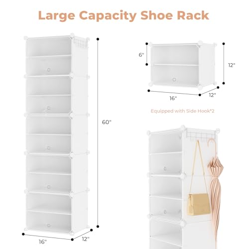 Shoe Rack 10 Tier Shoe Storage Cabinet with Door 20 Pair Tall Shoes Rack Organizer Free Standing Expandable Stable Plastic Easy Assembly Shoes Shelf for Closet Hallway Entryway Bedroom White - size: 16" Wide-20 Pairs