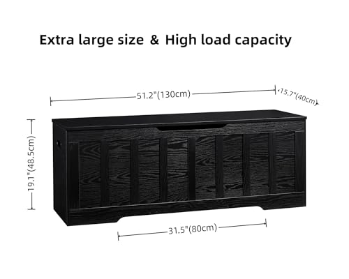 VANKILEY 51.2" Storage Chest Extra Large,Storage Bench with 2 Safety Hinges,Shoe Bench,51.2 * 15.7 * 19.1 inches,Wooden Trunk for Bedroom,livingroom,entryway,Supports 220 lb,Easy Assembly(Black). - color: Black