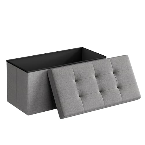 SONGMICS MAZIE Collection - 30 Inches Folding Storage Ottoman Bench, Ottoman Foot Rest, End of Bed Bench, Storage Chest, Load 660 lb, for Living Room, Bedroom, Entryway, Light Gray ULSF47G - color: Light Gray, size: 15"D x 30"W x 15"H