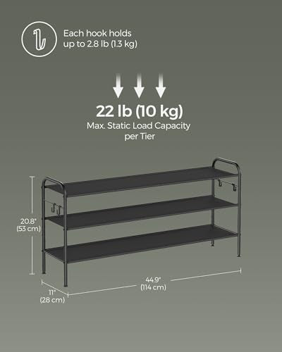 SONGMICS Shoe Rack, 3-Tier Shoe Organizer, Fabric Shoe Shelf Storage with 4 Hooks, Holds up to 18 Pairs of Shoes, Height-Adjustable Shoe Rack for Entryway, Hallway, Closet, Easy Assembly, Ink Black - color: Ink Black, size: 3 Tier (20.8"H)