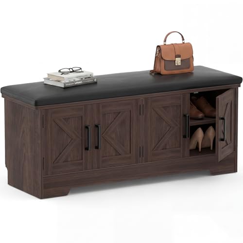 Farmhouse Shoe Storage Bench with Cushion - 43.3" Entryway Bench with Storage & 4 Barn Doors, 2-Tier Wooden Shoe Rack Bench, Shoe Cabinet & Mudroom Bench for Bedroom Hallway Living Room, Black Walnut - color: Black Walnut