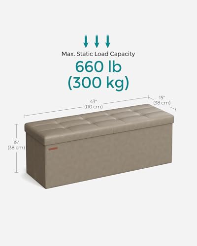 SONGMICS MAZIE Collection - 43 Inches Storage Ottoman Bench with Flipping Lid, Storage Chest with Iron Frame Support, Load 660 lb, for Living Room, Bedroom, Synthetic Leather, Camel Brown ULSF075K03 - color: Camel Brown, size: 15"D x 43"W x 15"H