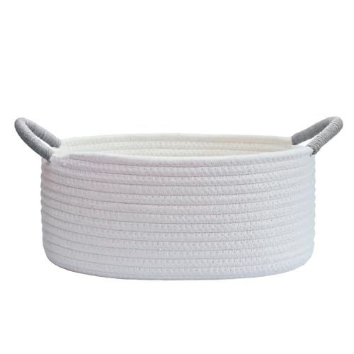 Yimi's Dream Basket for Gifting, Small Baskets for Shelves, White Cotton Rope Basket with Grey Handle for Decor, Baby Cat Dog Toy(Oval, 12"x 8"x 5") - color: white with grey handle, size: Oval - 12"x8"x5"