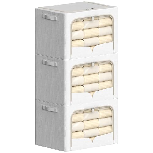 FHSQX 3 Pack Clothes Storage Bins Foldable Metal Frame Storage Box Stackable Linen Fabric Container Organizer Set with Carrying Handles and Clear Window (Cream White, 23.6x16.5x15.7inch(100L)) - color: Cream White, size: 23.6x16.5x15.7inch(100L)