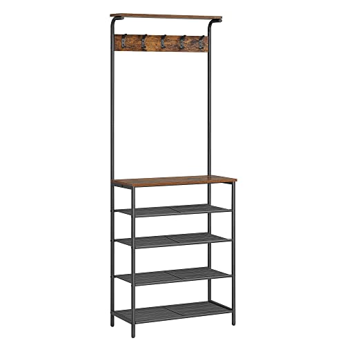 VASAGLE Hall Tree with Shoe Bench, Coat Rack Shoe Bench, 5-Tier Shoe Rack Different Heights, 5 Dual Hooks, Top Shelf, Entryway Organizer, Hallway Bedroom Dorm, Rustic Brown and Black UHSR412B01 - size: 26.8”W