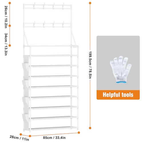 OYREL Shoe Rack 8 Tier Large Shoe Organizer Storage 32-40 Pairs Metal Shoe Storage Rack with Hooks and Side Pocket for Entrance Entryway Closet Shoe Shelf Holder - color: White, size: 8 Tier