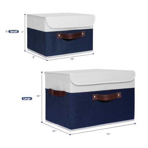 ANMINY Storage Boxes with Lids Washable Decorative Storage Bins Basket with PU Leather Handle Foldable Linen Fabric Storage Cubes Containers for Home Closet Organizer - Deep Blue White, Small Size - color: Deep Blue White, size: Small (Pack of 1)