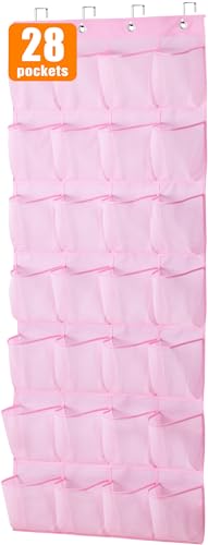 MISSLO Kids Over the Door Shoe Organizer Pink Hanging Shoe Rack Baby Toddler Hanging Shoe Organizer Cute Shoe Holder Girl Room Decor 28 Pockets - color: Pink, size: 22.6x65