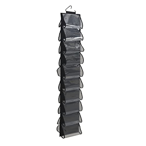 Household Essentials 20-Pocket Closet Shoe File, Durable Polyester Linen Plastic, Holds 10 Pairs of Shoes, Individual Storage, Single Hook System, Black - color: Black
