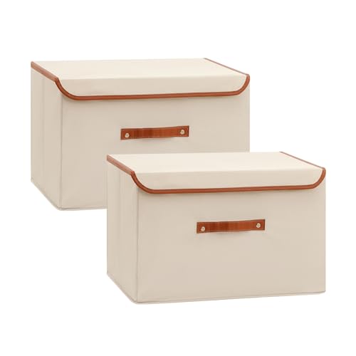 Tuza 2-Pack Large Fabric Storage Bins with Lids, Foldable Storage Boxes with Lids for Organizing, Decorative Storage Boxes with Handles for Home, Bedroom, Closet, Office(Khaki, Medium) - color: Khaki, size: 2 Pack - Medium