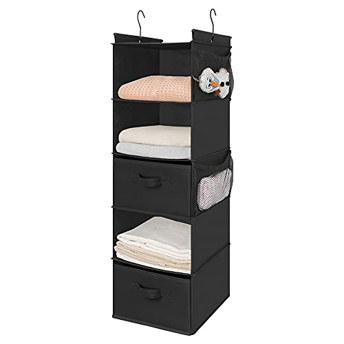MAX Houser 5 Tier Shelf Hanging Closet Organizer, Cloth Hanging Shelf with 2 Sturdy Hooks for Storage, Foldable (Black-D2) - color: Black-d2