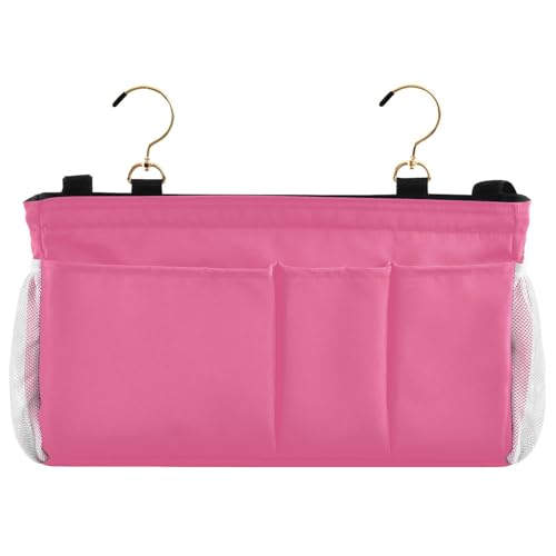 Neon Rose Red Bedside Caddy Storage Bag Bedside Organizer for Dorm Room Top Bunk Bed Hanging Bag Bedside Shelf 6 Pockets with Hooks for Magazine Water Bottle Holder - color: Neon Rose Red