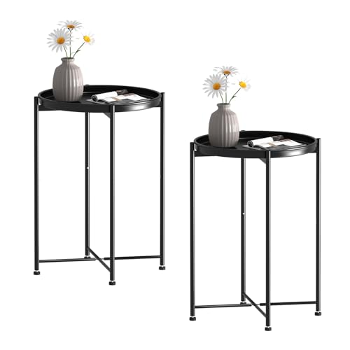 Garden 4 you Small Side Table, Mini Round End Table, Black Tray Table with Metal Frame, Modern Nightstand for Living Room, Bedroom, Patio, Small Space, 2pcs - color: Black, size: 2 PCS