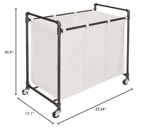 028-28003 Modern Industrial Style 3 Section Laundry Sorter, 33.24” W x 17.10” D x 30.50”H, Satin Pewter