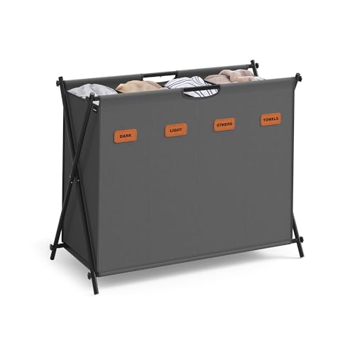 SONGMICS Laundry Hamper, Laundry Basket, 40.9 Gal. Laundry Sorter 4 Sections, Collapsible X-Frame, Clothes Organizer with Customizable Labels, Laundry Room, Bedroom, Bathroom, Slate Gray ULCB140G01 - color: Slate Gray, size: 155 L