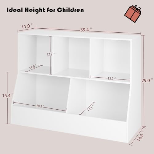 DINZI LVJ Toy Storage Organizer, Kids Bookshelf, Wood Toy Storage Cabinet, 5 Cubby 2-Tier Children Bookcase, 39.4" L Toddler Book Shelf for Playroom, Living Room, Nursery, Hallway, School, White - color: White, size: 2-Tier 39.4"