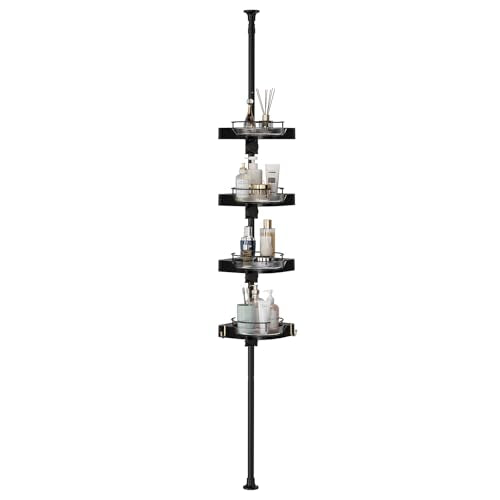 360° Rotating Shower Caddy Tension Pole, 4 Tiers Corner Shower Organizer for Bathroom Shelf Bathtub, Adjustable Standing Shower Rack Bathroom Accessories, Easily Assemble, 34-124 Inch Height, Black - color: Black, size: 4tiers