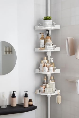 shuang qing 360° Rotating Corner Shower Caddy Tension Pole Organizer - 4-Tier Adjustable Rustproof Metal Pole, Plastic Shelves with Safety Guardrail, Bathroom Storage for Shower & Bathtub(White) - color: White, size: Rotation