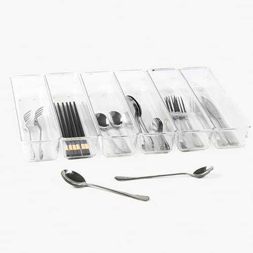6 Set Clear Plastic Junk Drawer Organizer Vanity Curlery Utensil Makeups Organizer for Kitchen 12'' X 3'' - size: 6 Pack 12"x3" Clear Plastic