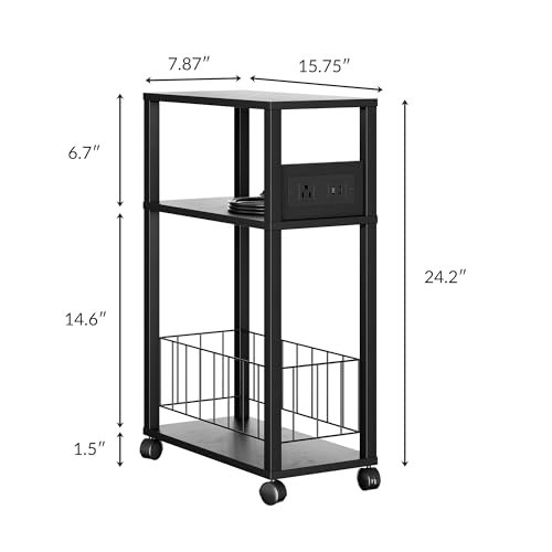 DGSANDGO Black Narrow Rolling Side Table with Charging Station (Outlets/USB Ports) & Storage Basket - Small Space End Table for Living Room Bedroom Office (Black) - color: Black, size: Basket Narrow-24.4"H 1 PC