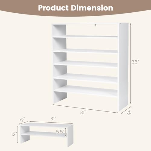 Giantex 3-in-1 Vertical Shoe Rack, 6-Tier Free Standing Shoe Storage Organizer w/Stackable Design for 18 Pairs, 31 Inch Wide Wood Shoe Shelf for Closet, Entryway, Living Room, Office, White - color: White