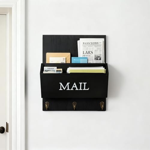 Wooden Mail Organizer with Key Hooks, Rustic Wall Mounted Letter Holder, Farmhouse Mail Sorter with Hooks, Bill Letter Storage for Entryway, Black