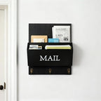 Wooden Mail Organizer with Key Hooks, Rustic Wall Mounted Letter Holder, Farmhouse Mail Sorter with Hooks, Bill Letter Storage for Entryway, Black