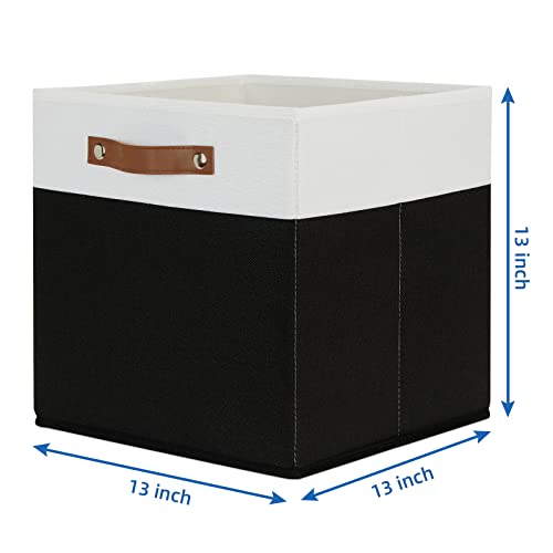 Temary Fabric Storage Bin 4 Pack Cube Storage Bin for Shelf Fabric Cube Storage Basket 13 Inch Cube Storage Bins Foldable Storage Cubes with Leather Handles(White&Black) - color: White&Black, size: 13×13×13