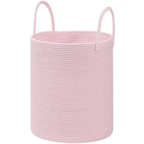 Cotton Rope Storage Basket with Handles, Large 60L Collapsible Laundry Hamper for Clothes, Sturdy Nursery Organizer Blanket Basket for Living Room,Toy Bin for Kids Bed Room,15"x15"x18",Pink - color: Pink, size: 60L