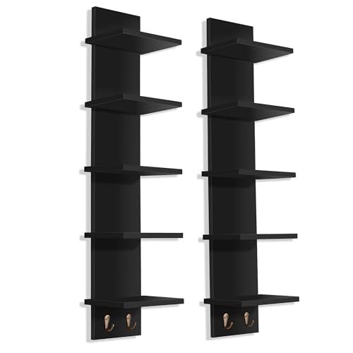 Sorbus 5 Tier Wall Shelf Unit with Hooks, Vertical Column Utility Shelving for Home Decor and Storage Organizer, Wall-Mounted Floating Shelves for Bathroom Storage, Bedroom (2 Pack) - color: Black, size: 2 Pack