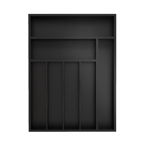 Bamboo Silverware Organizer, Kitchen Drawer Organizer, Utensil Holder, Cutlery Tray & Spoon Flatware Storage with Grooved Drawer Dividers (Black, 12.5''W x 16.5''D) - color: Black, size: 12.5''W x 16.5''D