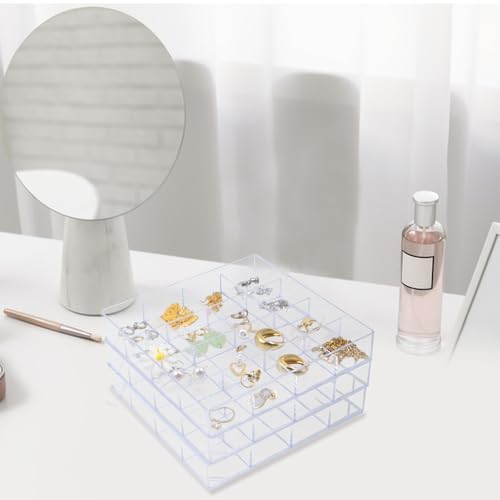 4 PCS Stackable Jewelry Organizer Tray, Plastic Storage Box with 16 Mini Grid (1.57''), Clear Organizer Tray for Drawer Dresser Vanity Desk, Jewelry Storage Box for Necklaces Bracelets Rings Earrings