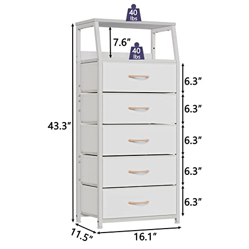 Furnulem White Dresser with 5 Drawers, Vertical Storage Tower Fabric Dresser for Bedroom, Hallway, Entryway, Nursery, Closet Organizer, Nightstand Bedside Table Furniture, Sturdy Steel Frame, Wood Top - color: White, style: 5 Drawers
