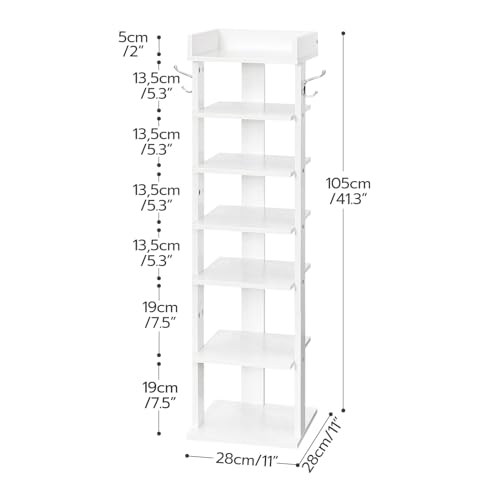 HOOBRO Vertical Shoe Rack for Front Door Entryway, 7 Tier Wooden Shoe Storage Organizer with Hooks, Narrow Shoe Tower for 7 Pairs, Space Saving, for Corner, Closet, Bedroom, White WT61XJ01 - color: White
