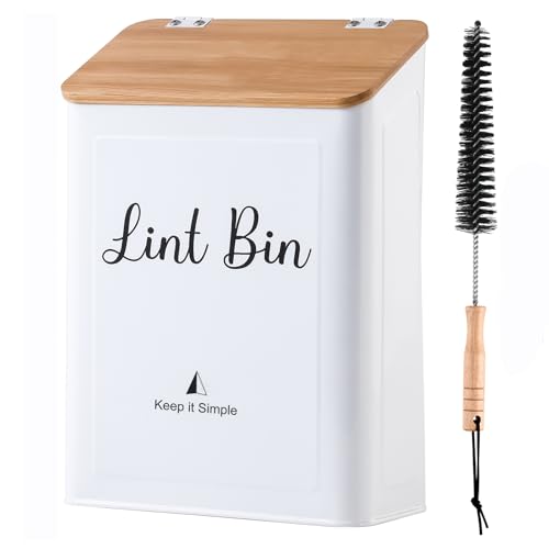 SUBEKYU Magnetic Lint Bin for Laundry Room, Wall Mounted Metal Lint Box Holder with Lid for Dryer,Laundry Room Organization and Storage,Bamboo Lid Lint Basket,White - color: White
