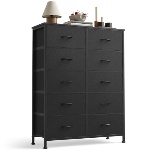 Sweetcrispy Black Dresser for Bedroom, 10 Drawer Tall Dresser, Fabric Storage Tower with Bins, Chest Organizer Unit for Bedroom Closet, Hallway, Steel Frame Wood Top, Easy Pull Handle - color: Black