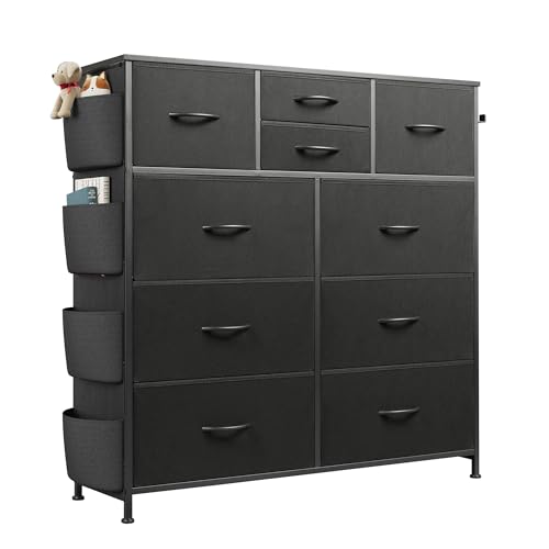 WLIVE Dresser for Bedroom with 10 Drawers, Fabric Dresser Chest of Drawers with Side Pockets and Hooks, Sturdy Metal Frame, Drawers Organizer Unit for Living Room, Hallway, Black - color: Black