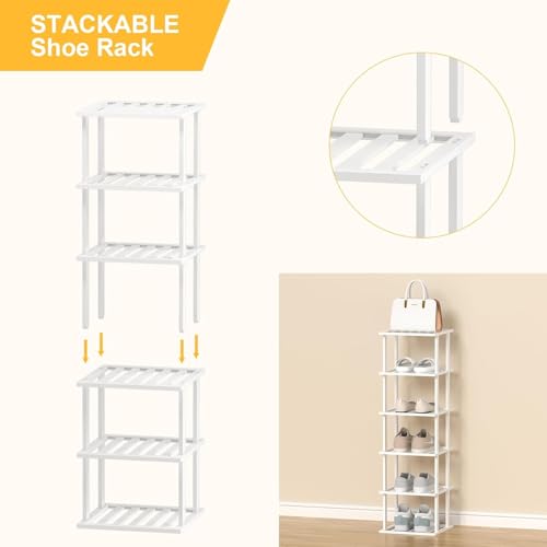 SHIISEWE White Bamboo Shoe Rack for Small Spaces 6 Tier Tall Vertical Narrow Rack - color: White