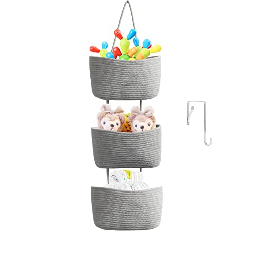 TeoKJ Over the Door Hanging Basket, 3-Tier Woven Cotton Wall-Mounted Storage Organizer Bag Decorative Hanging Nursery Baskets, Gray - color: Gray