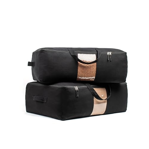 Soft Canvas Storage Bags with Zipper. Thick Breathable, 2pc King/Queen Comforter Organizer. Four Carrying Handles and Window. Large 25x19x9in Bag for Sheets Blankets Bedding Pillows, Clothes (Black) - color: Black, size: 2 Pack