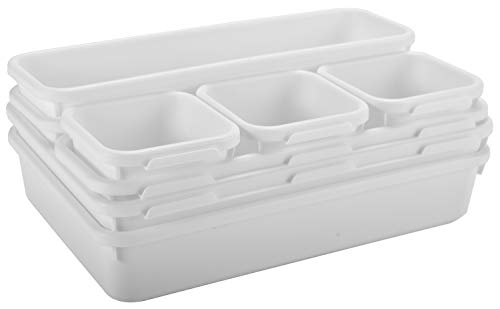 Masirs Interlocking Drawer Organizer Bins - Durable Plastic, Various Sizes for Custom Layout Design. Great for Desk Drawer, Tool Box or Garage Organization. (White | 8-Piece Set) - color: White, size: Various Sizes