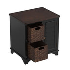 Multifunctional End Table Side Table with a Shutter Style Door and 2 Woven Grass Baskets, Sofa Side Narrow Table, Wood Bedside Nightstand for Living Room Bedroom (Black-4.7) - color: Black-4.7