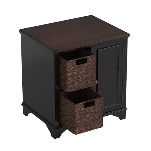 Multifunctional End Table Side Table with a Shutter Style Door and 2 Woven Grass Baskets, Sofa Side Narrow Table, Wood Bedside Nightstand for Living Room Bedroom (Black-4.7) - color: Black-4.7