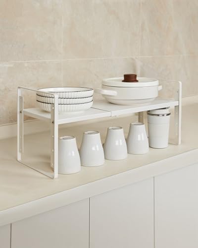 Nxconsu Cabinet Shelf Organizer, Expandable Width (13.4"–24.8"), 5-Level Adjustable Height, Metal Counter Shelf Riser Spice Rack for Kitchen Cupboard Pantry Under Sink Countertop, White, Non-Slip - size: Standard Depth (8.6") - 1 Pack