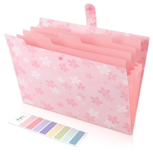 SKYDUE Pink Expanding File Folder with 5 Pockets, Cute Accordion File Organizer, Portable Receipt Paper Documents Organizer, Letter Size Filing Folder School Office Supplies - color: Sakura Pink