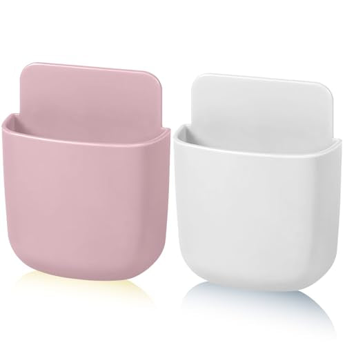 Remote Control Holder, Wall Mount Pen Holder Hole-Free Self Adhesive Phone Charging Organizer Pencil Storage Containers for Home Office School Supply Orgaizer(White,Pink,2Pcs) - color: White,Pink,2Pcs